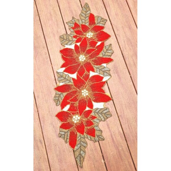 VTG Christmas Poinsettia Table Runner Beaded Floral Holiday Decor Party Display - Picture 4 of 8